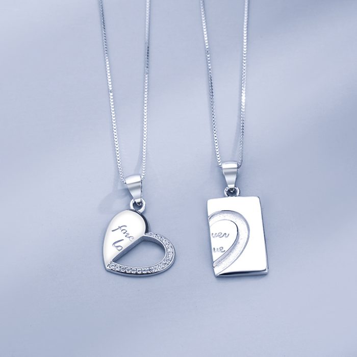 S925 I Heart Rhinestone Silver Couple Necklace Set - Image 5