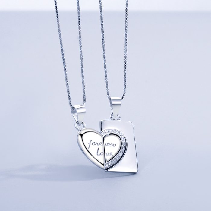 S925 I Heart Rhinestone Silver Couple Necklace Set - Image 4