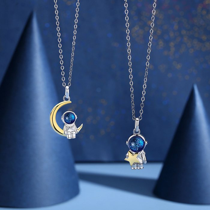 S925 I Astronaut Moon Star Couple Necklace Set - Image 3