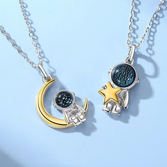 S925 I Astronaut Moon Star Couple Necklace Set - Image 4