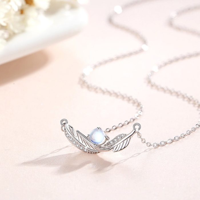 Diamond Shaped Roses S925 I Couple Feather Pendant Pigeon Feather Moonstone Necklace For Couples Gift Sets - Image 4