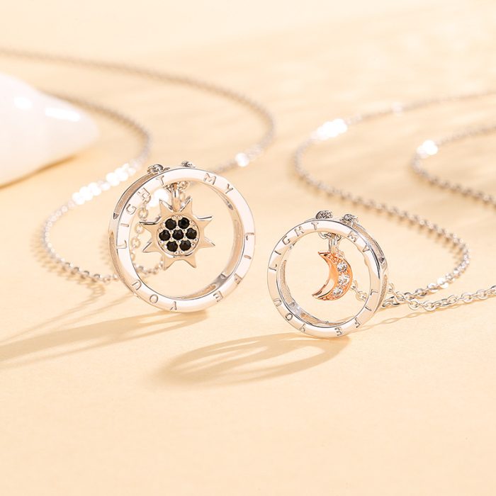 S925 I Sun and Moon Promise Couple Necklaces Set