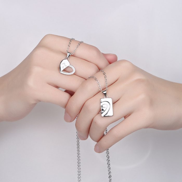 S925 I Heart Rhinestone Silver Couple Necklace Set - Image 2