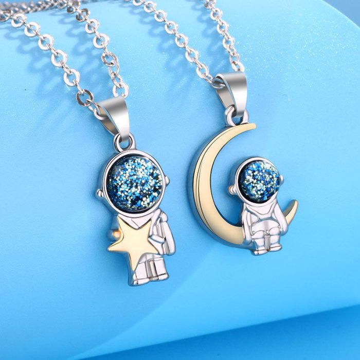 S925 I Astronaut Moon Star Couple Necklace Set