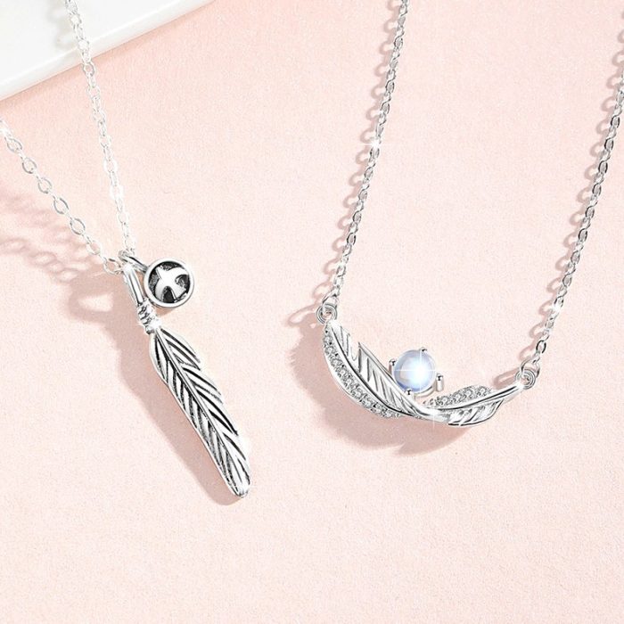 S925 I Couple Feather Pendant Pigeon Feather Moonstone Necklace - Image 2