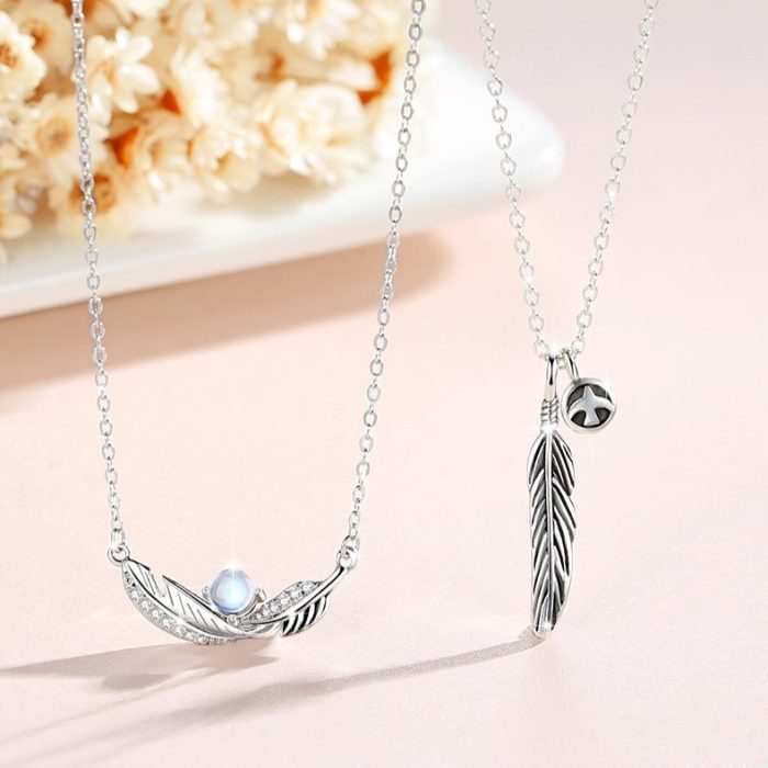 S925 I Couple Feather Pendant Pigeon Feather Moonstone Necklace