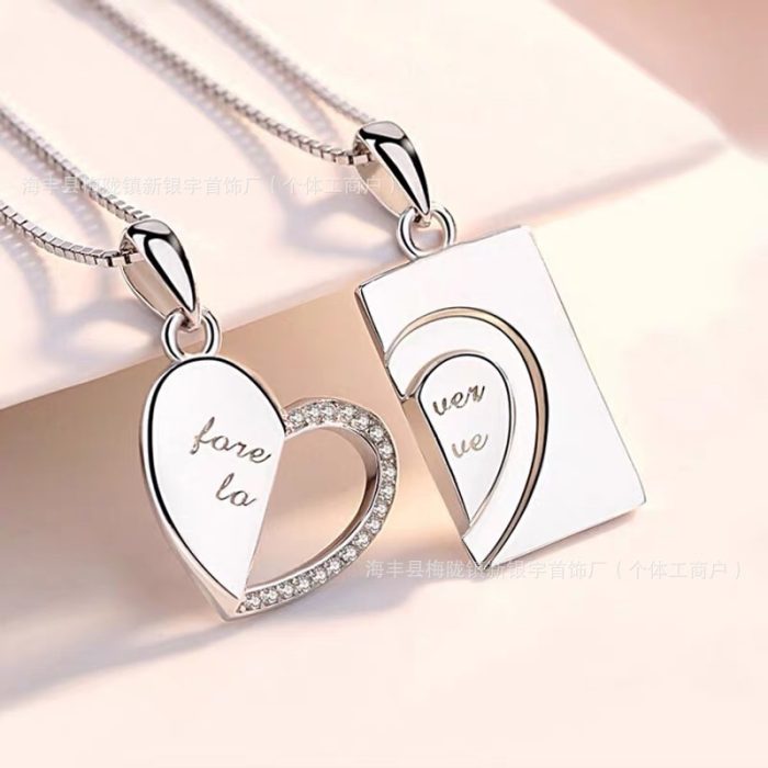 Diamond Shaped Rose S925 I Heart Rhinestone Silver Necklace For Couples Gift Sets - Image 2