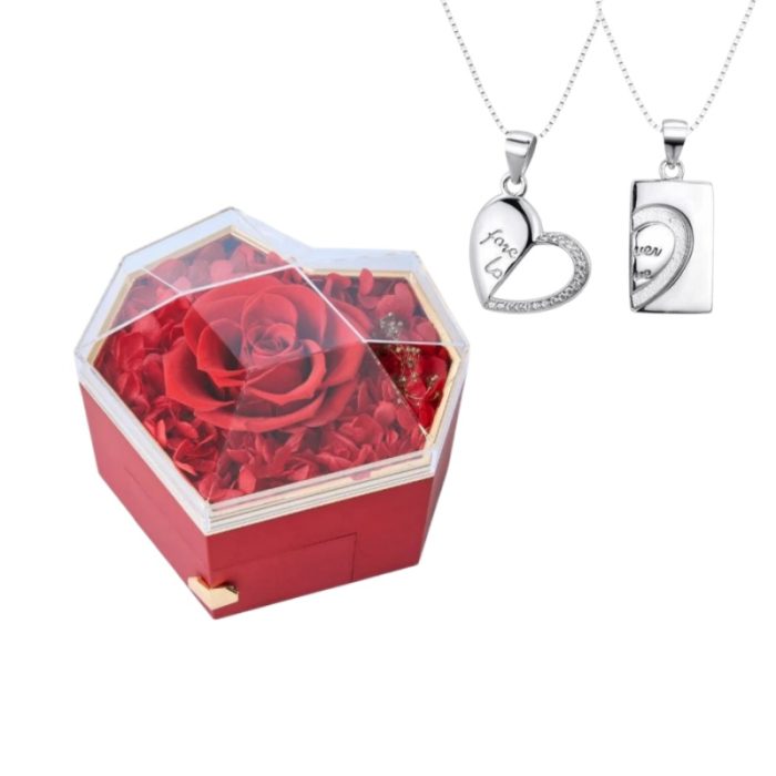 Diamond Shaped Rose S925 I Heart Rhinestone Silver Necklace For Couples Gift Sets